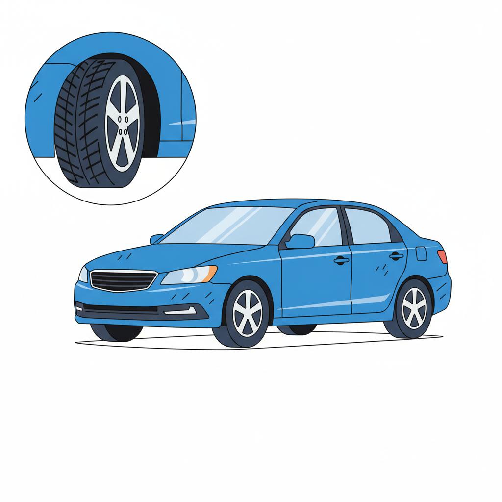 Minimal 2D vector of a used sedan with close up of tire tread and exterior paint condition for trade in car inspection on white background