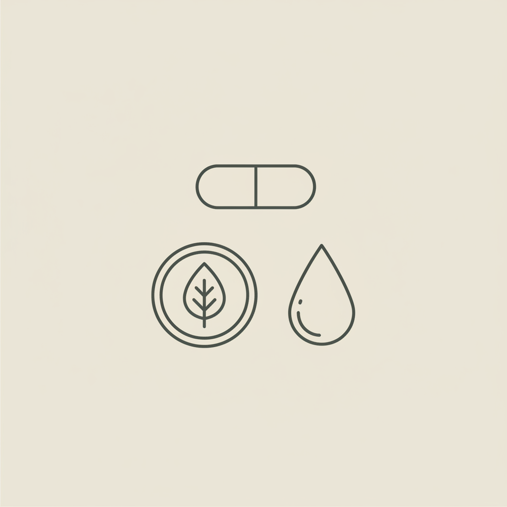 Minimalist Tonum-style line illustration on beige background of a capsule, small plate with a leaf, and a water droplet arranged in a balanced composition, buy leptin