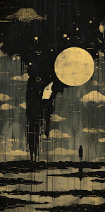 Solitude Under Golden Moon, Dark Drip Art Painting Style
