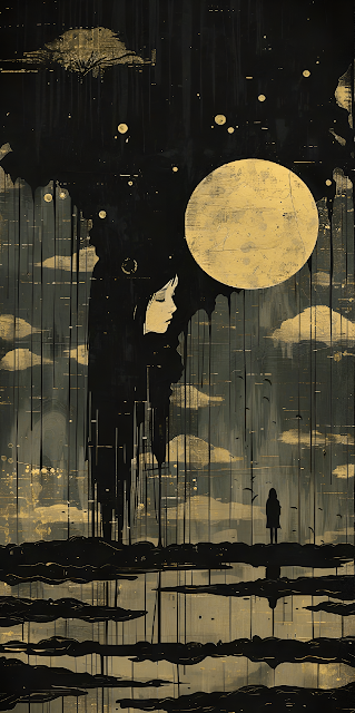 Solitude Under Golden Moon, Dark Drip Art Painting Style - Free mobile Wallpaper