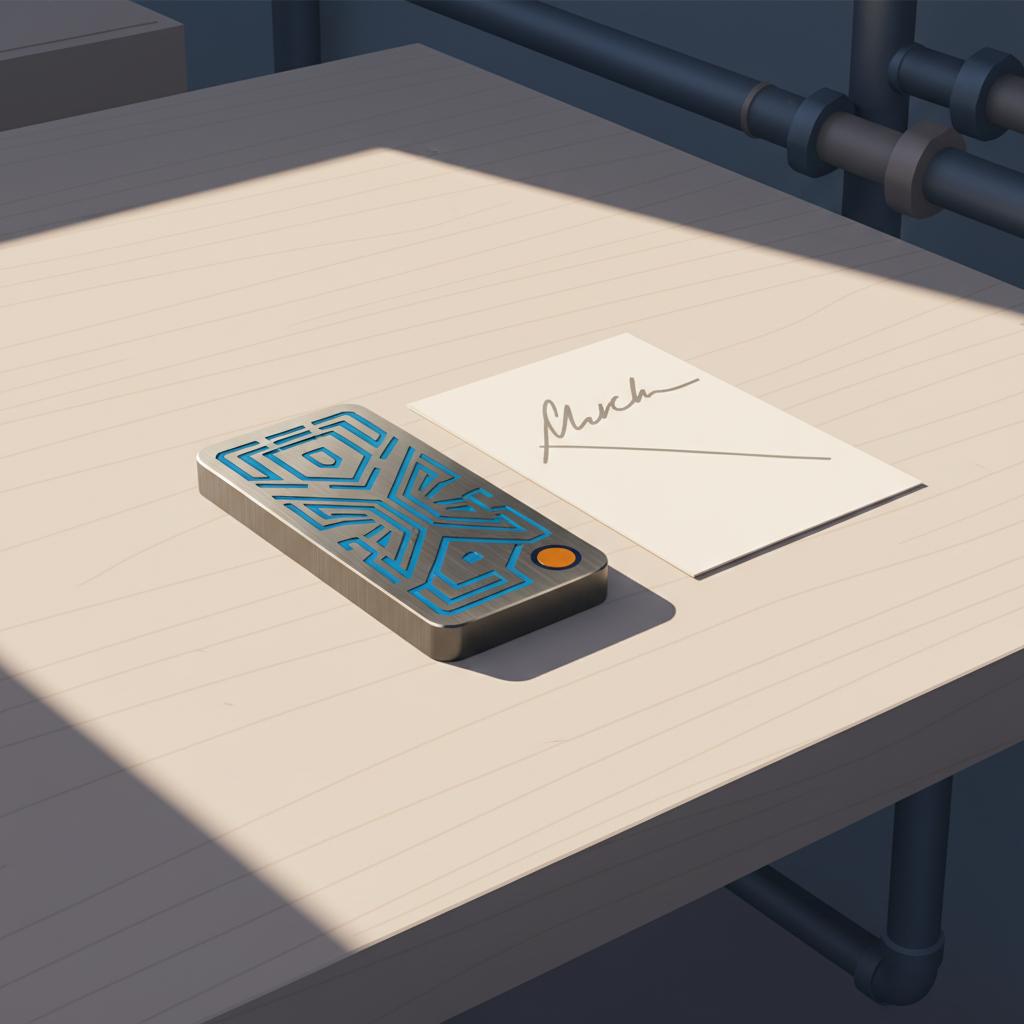 wie viel geld zur kommunion: Nahaufnahme eines gravierten Metallanhängers auf Holztisch neben einer Karte mit nicht-lesbarer Handschrift, minimalistische 2D-Vektorillustration mit warmem, industriellem Charme, Farben #FAFAFF #0044CC #ff9800