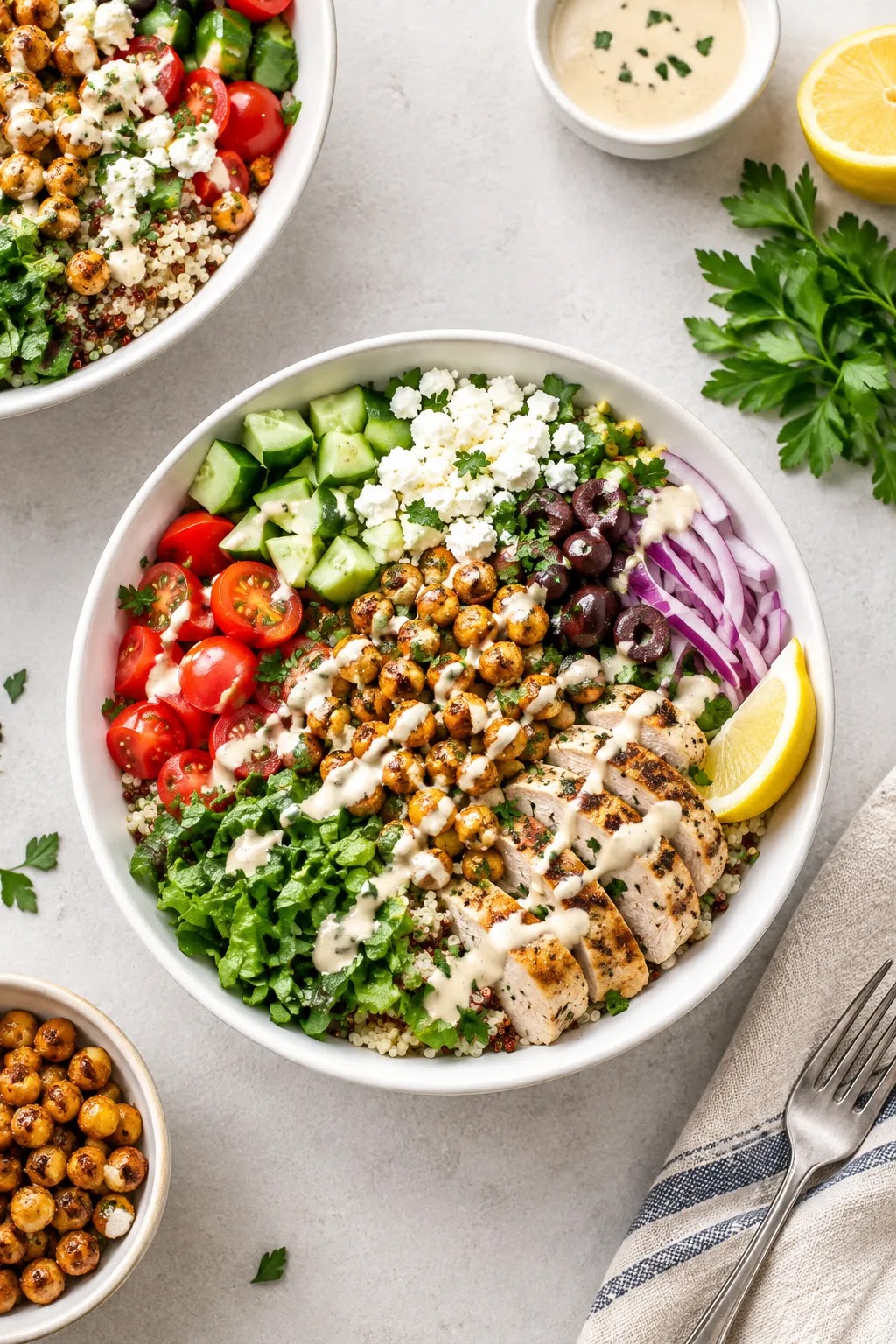 Colorful Mediterranean quinoa bowl with fresh herbs, cherry tomatoes, kalamata olives and drizzled tahini dressing