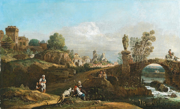 Landscape capriccio with classical and medieval motifs and some buildings from D