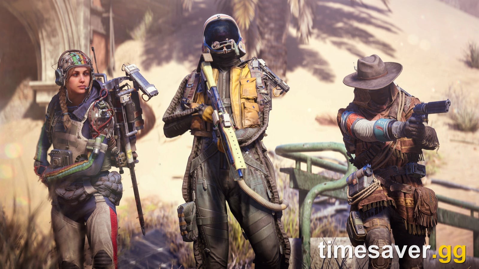 Three ARC Raiders raiders geared up with rifles and sidearms at a desert extraction point
