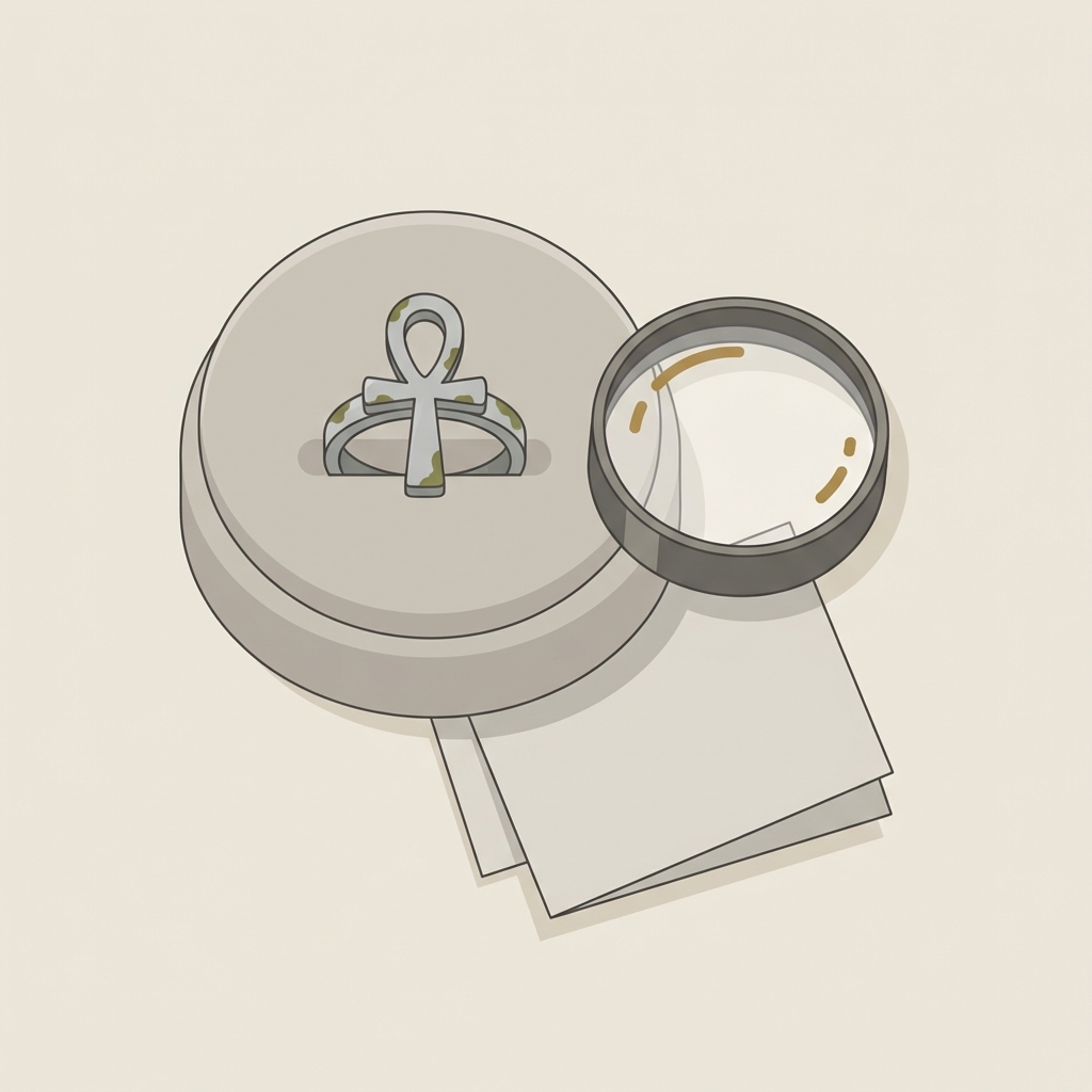 Minimalist 2D vector of a silver ankh ring with patina on a jewelry pad beside a magnifying loupe and blank condition notes on a pale beige background