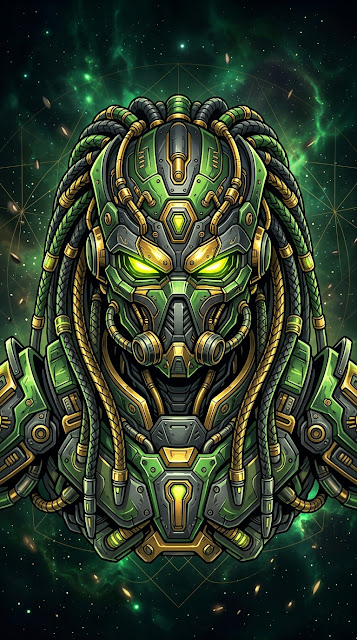 Fierce Alien Sci-Fi Warrior in Biomechanical Green and Gold Armor - Free mobile Wallpaper