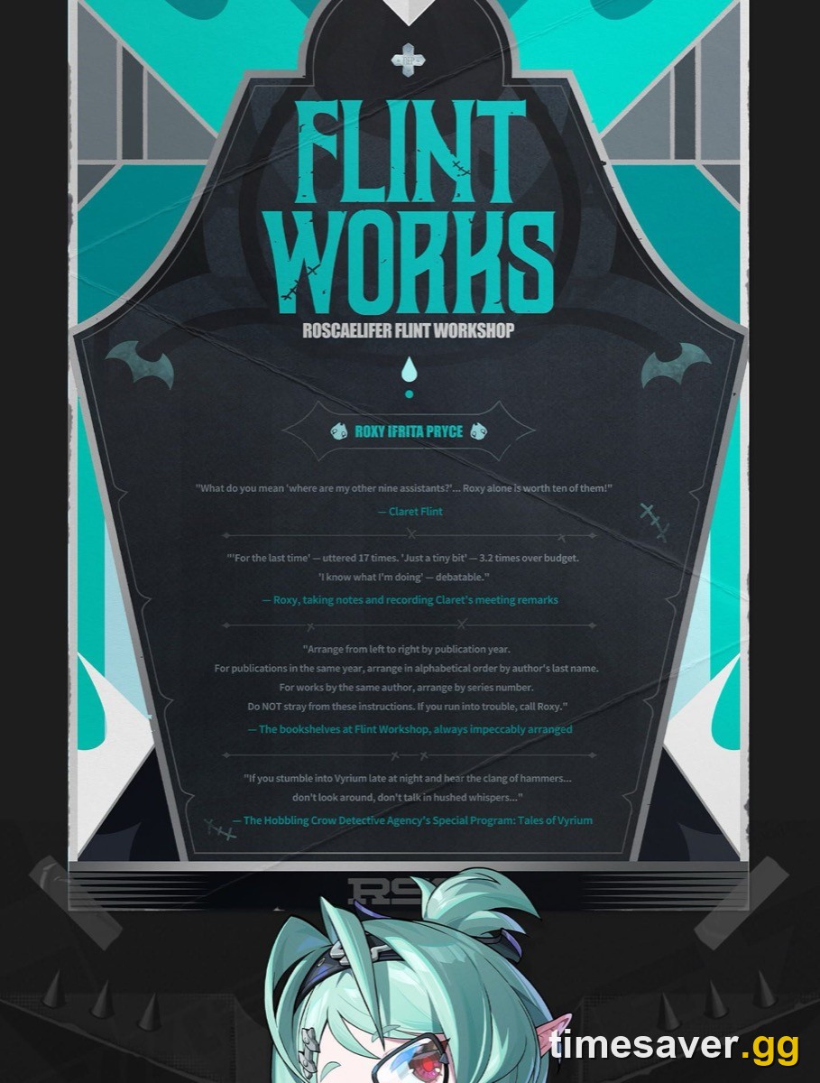 The Flint Works agent record plaque for Roxy Ifrita Pryce of the Roscaelifer Flint Workshop in Zenless Zone Zero Version 3.2
