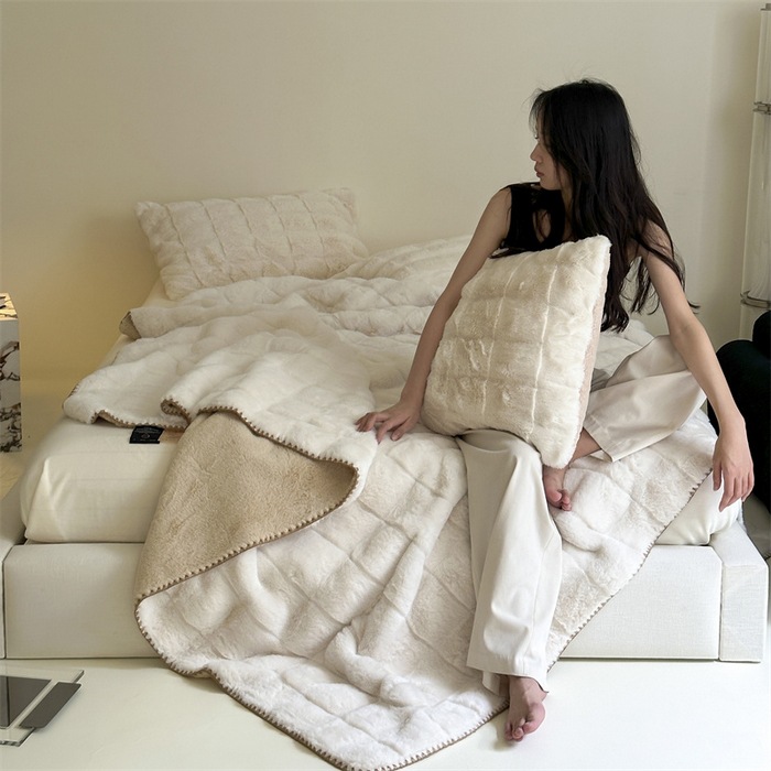 Scandinavian Faux Fur Throw Blanket with Check Pattern