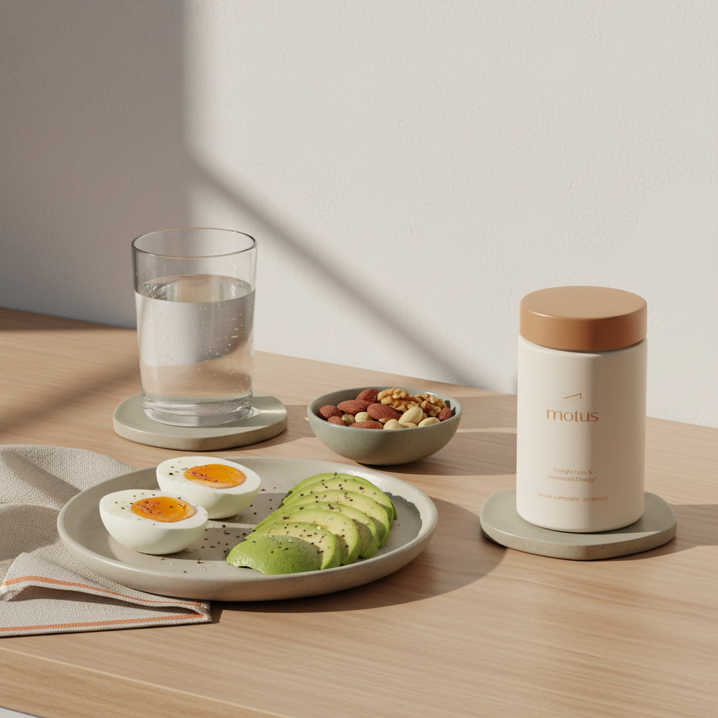Minimalist morning kitchen scene with Tonum Motus jar beside a plate of eggs, avocado, mixed nuts and a glass of water illustrating the best time to take CLA.