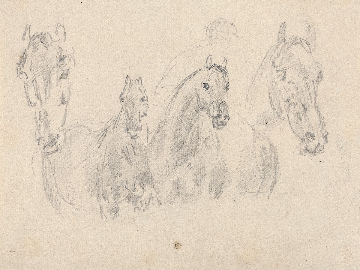 Four horses figure faintly sketched in background