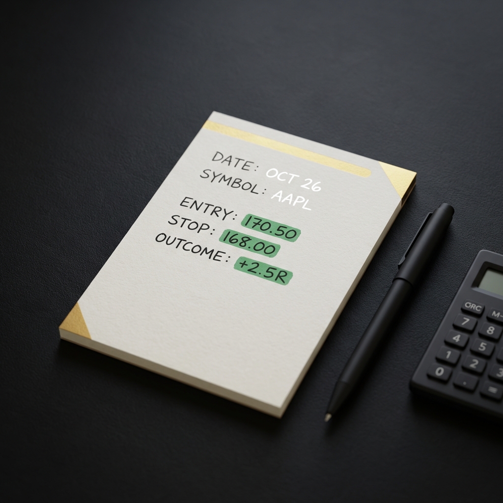 Close up of a minimalist trade journal notepad with date symbol entry stop and outcome fields pen and small calculator on dark background designed to illustrate how to make $200 a day trading