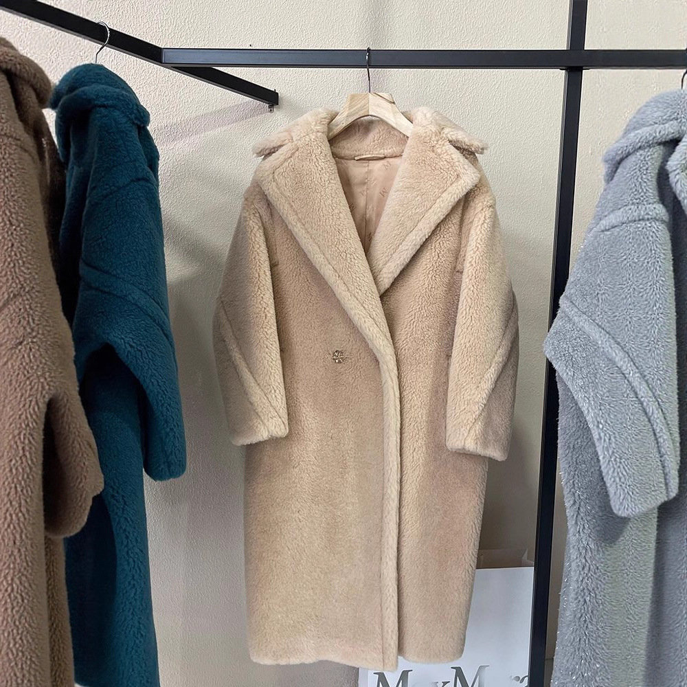 Long teddy coat made of alpaca wool, loose fit
