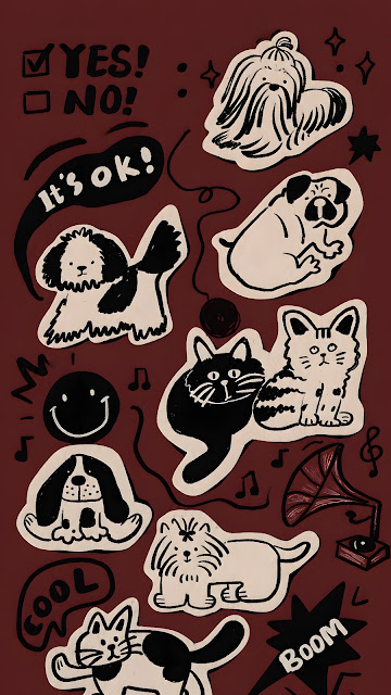 Cream sticker-style cats and dogs form a playful black ink collage on a deep maroon background.