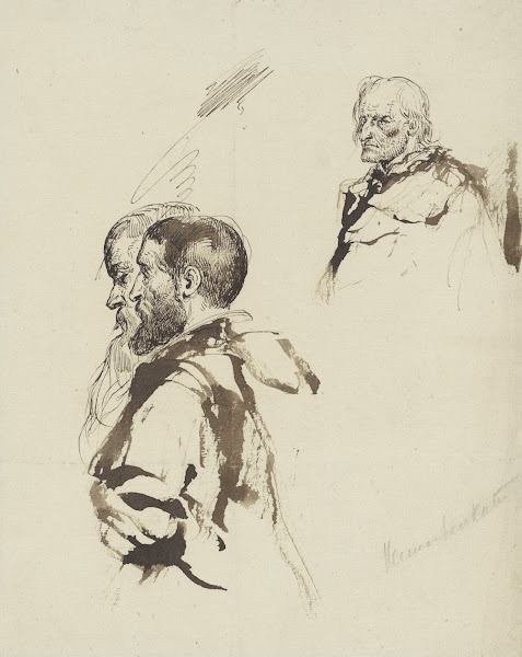 Group of two figures and an old mans head