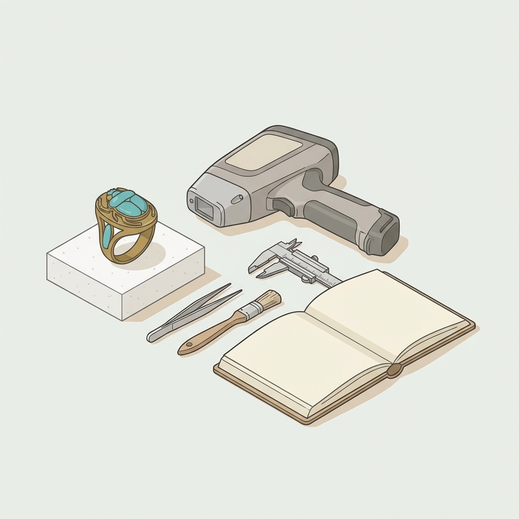 Minimalist 2D vector illustration of a conservator workspace showing a vintage egyptian ring on a foam support beside a portable XRF device and clean conservation tools