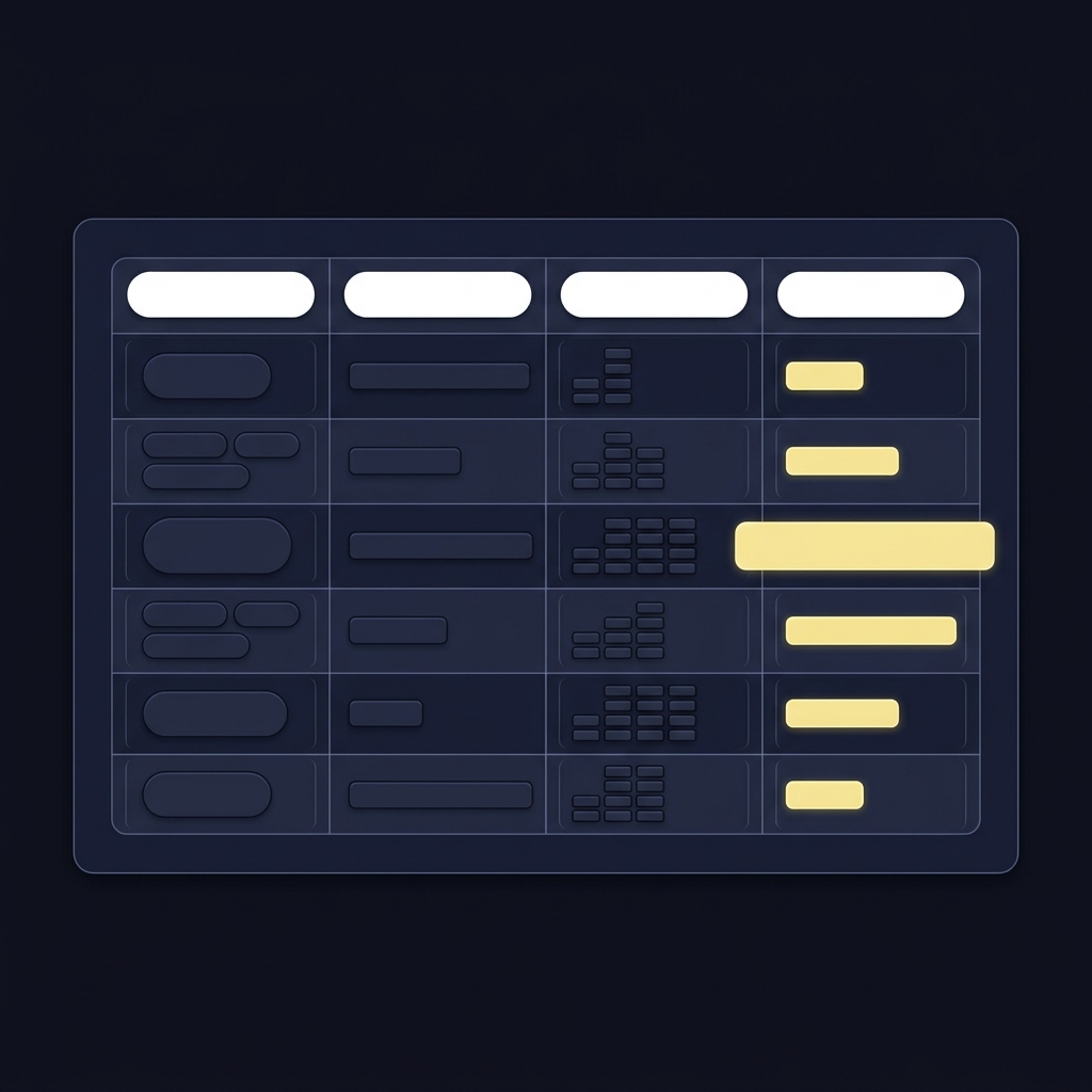 Minimalist 2D vector screenshot mockup of a small spreadsheet showing stake odds gross payout and ROI columns represented by colored bars and rounded cells on a Funded Plays dark background runline calculator