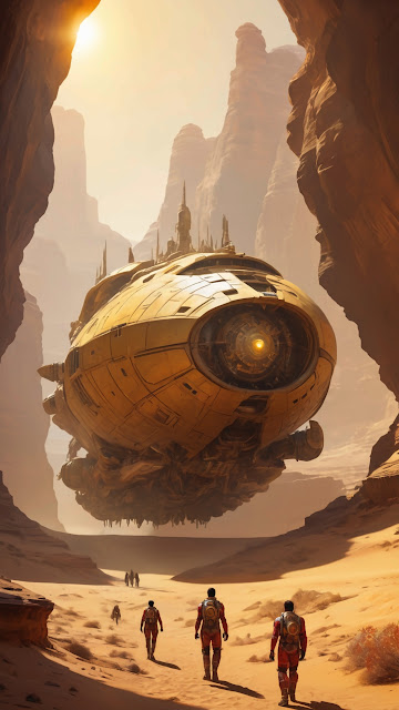 Astronauts Approach Golden Spaceship in Canyon - Free mobile Wallpaper