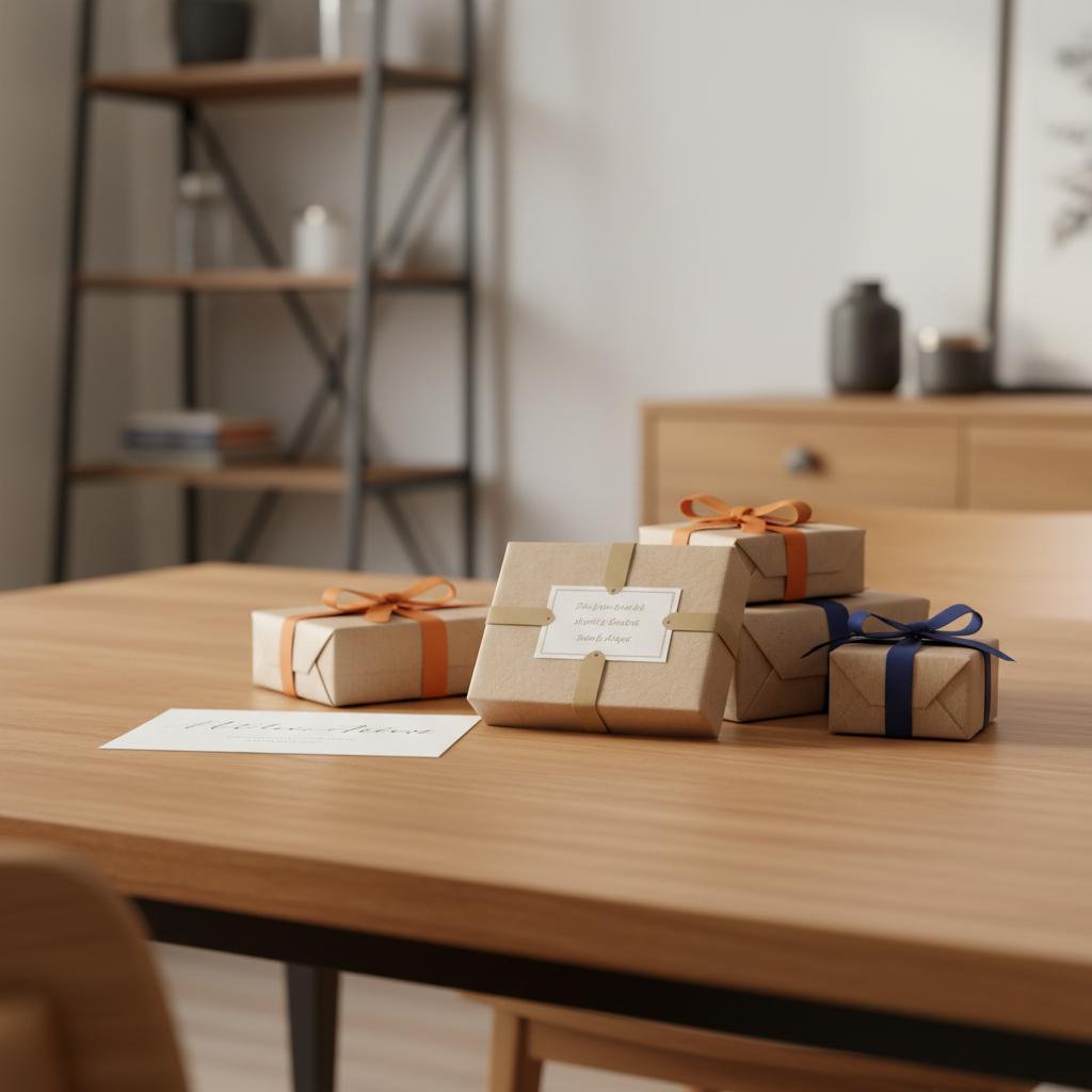 Nahaufnahme eines Esstisches mit mehreren kleinen Geschenken, Geschenkband und handgeschriebener Karte, fokussiert auf Gravur‑Etikett und Papierstruktur – Geschenkbetrag für Lehrer