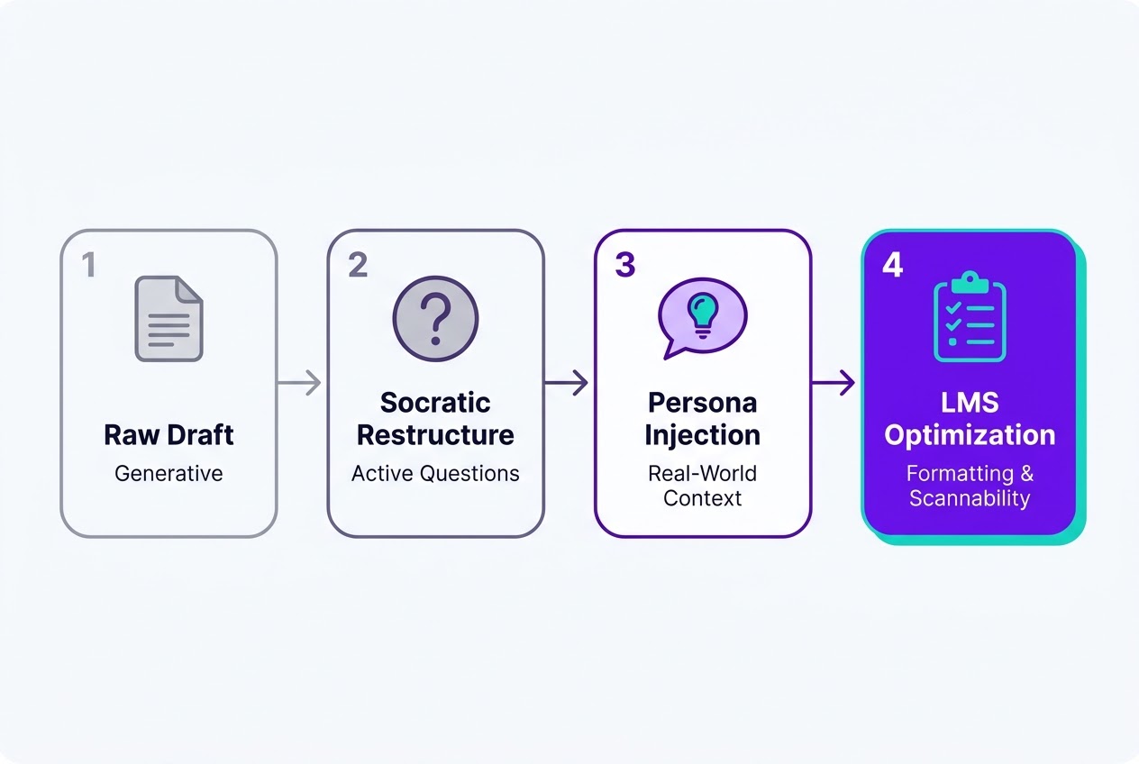 Four-step framework to humanize AI course content: raw draft, Socratic restructure, persona injection, LMS optimization