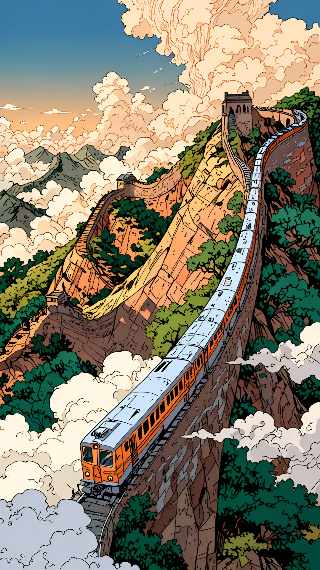 Epic Train Journey on Great Wall of China, Comic Art Style - Free 4K mobile Wallpaper