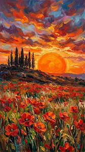 Impressionist Painting of a Red Poppy Field with Cypress Trees at Sunset