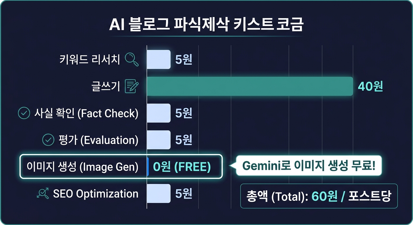 파이프라인 단계별 비용 구조 — 총 60원으로 블로그 한 편 완성하는 비용 흐름도