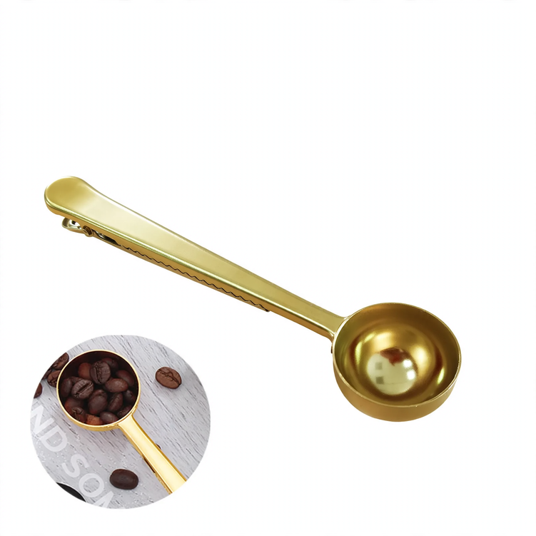 Stainless steel coffee spoon with sealing clamp