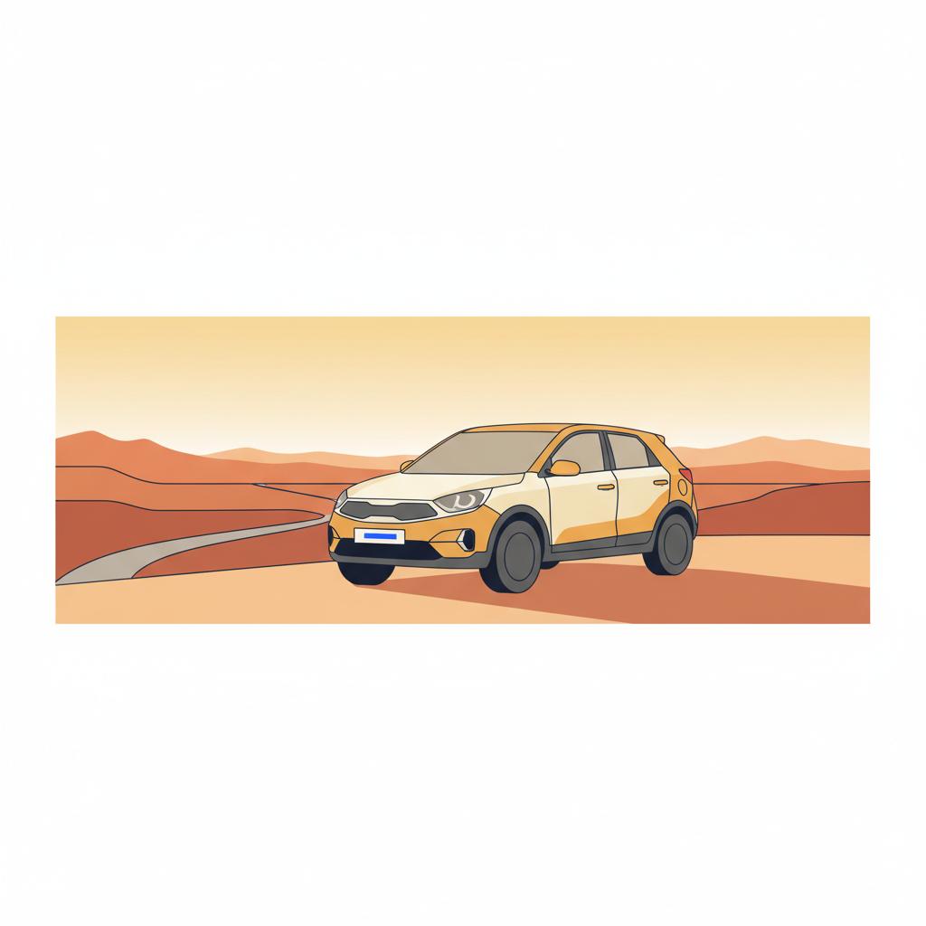 Minimal 2D vector of a compact SUV at a scenic overlook during golden hour with a small blue accent on the vehicle and white background best month to purchase a Kia