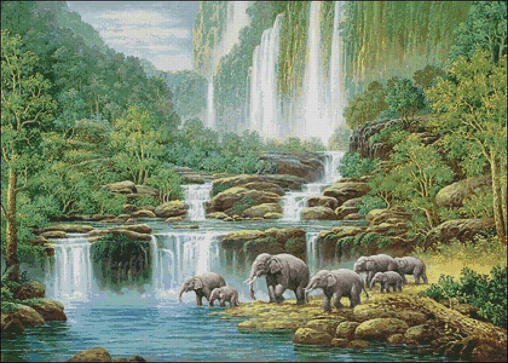 CMP 400636 Elephants And Waterfalls