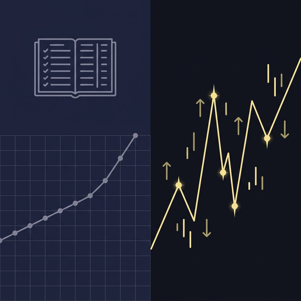 Split screen vector showing conservative strategy log and volatile streak of results side by side to contrast approaches What Is Funded Sports Trading and How Does It Work in Funded Plays brand colors