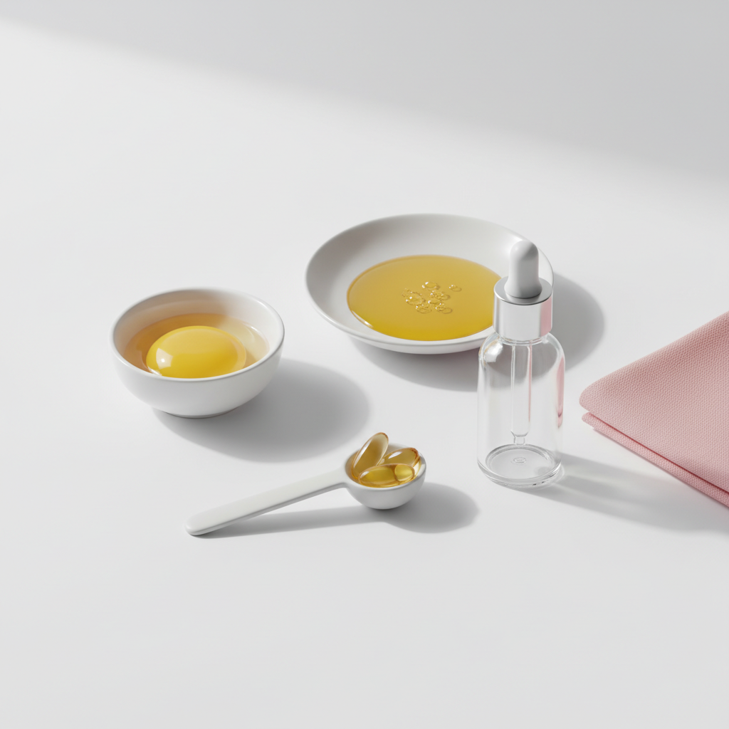 Close‑up Stillleben mit Eigelb, Fischölschale, Messlöffel mit Vitamin‑D‑Kapseln und neutraler Pipettenflasche auf weißem Hintergrund – Haarausfall Vitamin D