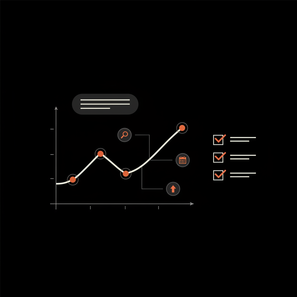 Minimal vector dashboard slide with annotated line chart, icon callouts and checklist on black background — visual guide showing how to explain a trend without text.