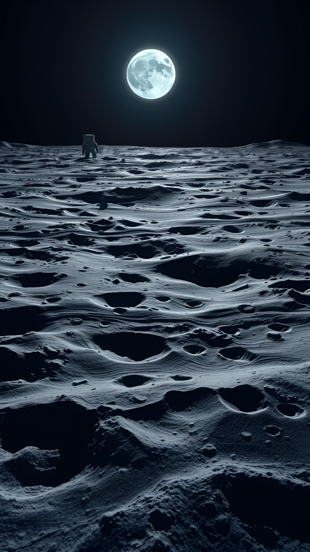 Lone Astronaut on Cratered Moon Surface Under Full Lunar Glow - Free 4K mobile Wallpaper