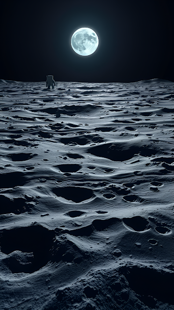 Lone Astronaut on Cratered Moon Surface Under Full Lunar Glow - Free mobile Wallpaper
