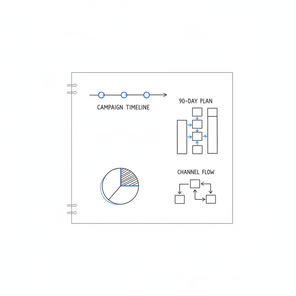 Vector notebook sketch of a 90-day campaign timeline with checkpoints and budget split illustrating how much do Twitter ads cost on a white background
