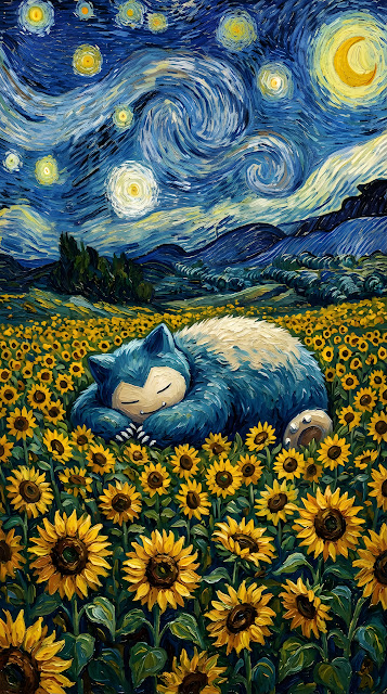 Sleeping Creature in Sunflowers Under Van Gogh Starry Night Sky - Free mobile Wallpaper