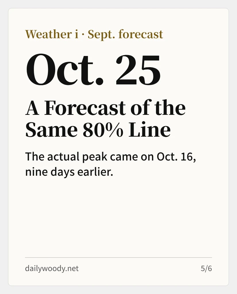 Oct. 25 was a private forecast; the actual peak came on Oct. 16, nine days earlier (card 5/6)