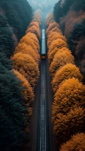 Train Track Through Autumn Forest, Symmetrical View