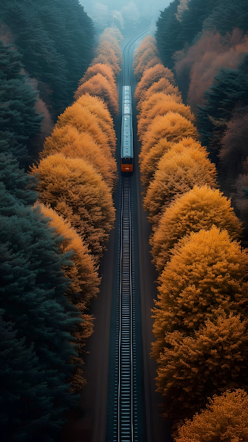 Train Track Through Autumn Forest, Symmetrical View - Free mobile Wallpaper