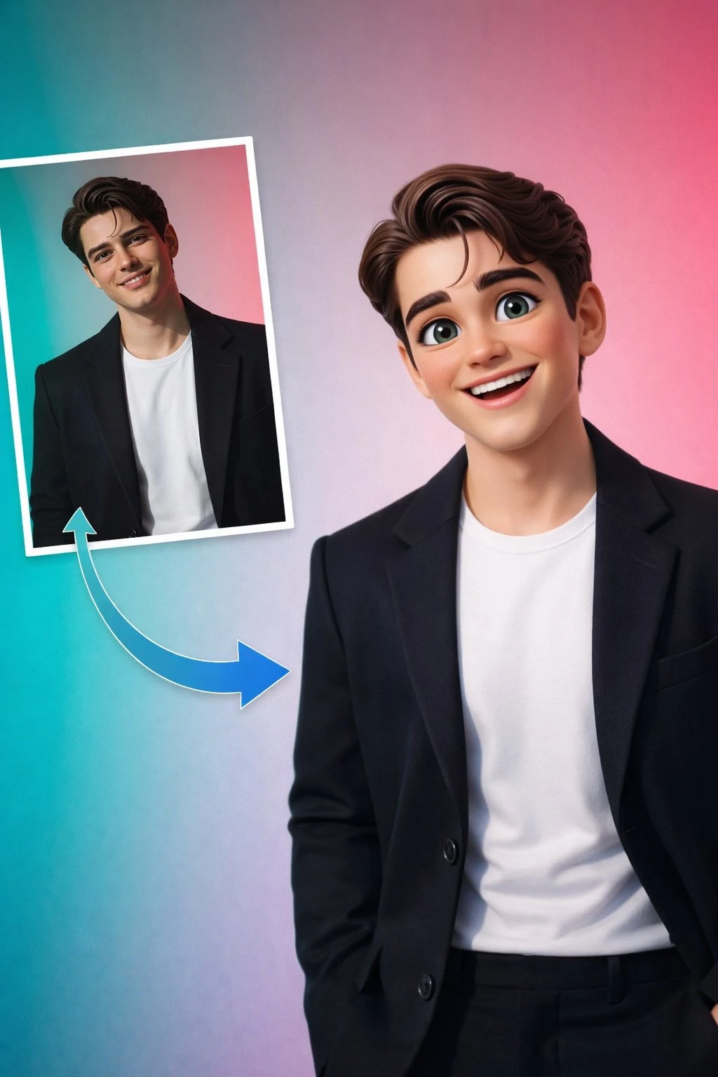 Un retrato estilizado en 3D de un joven con cabello castaño corto y expresivos ojos verdes, sonriendo cálidamente.