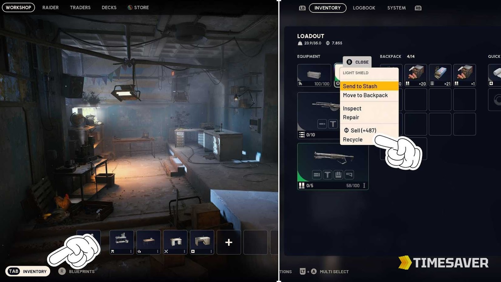 ARC Raiders inventory action menu showing the Sell and Recycle options on a weapon in the workshop stash