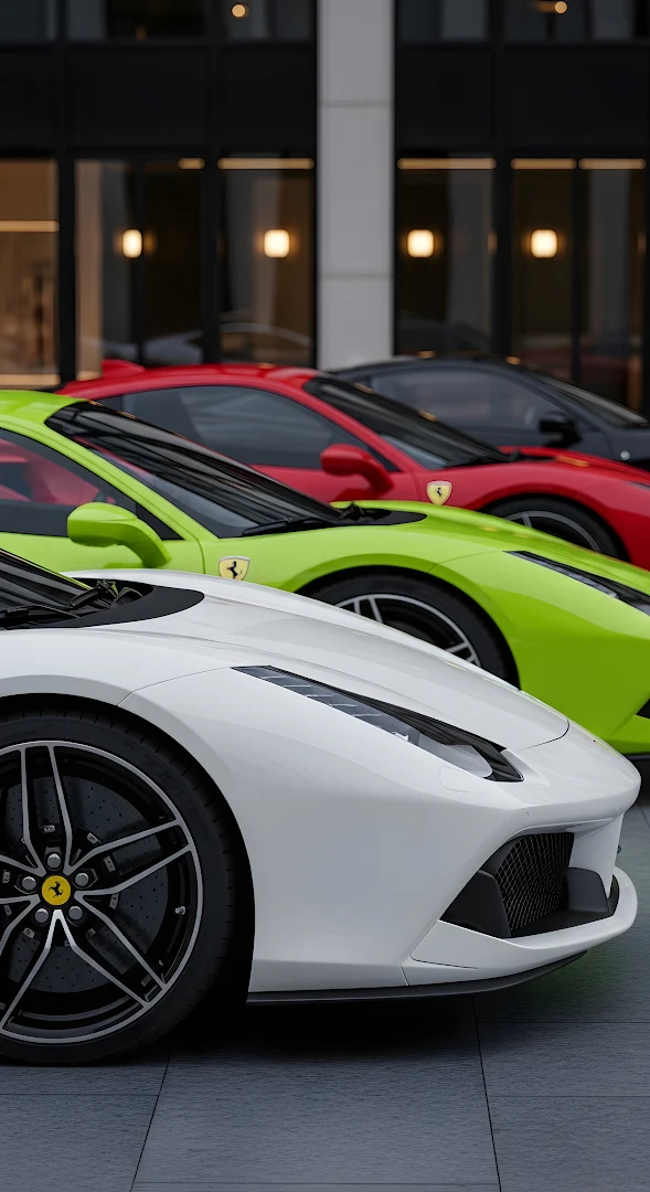 Lineup of Modern Ferrari Sports Cars in Vibrant Colors