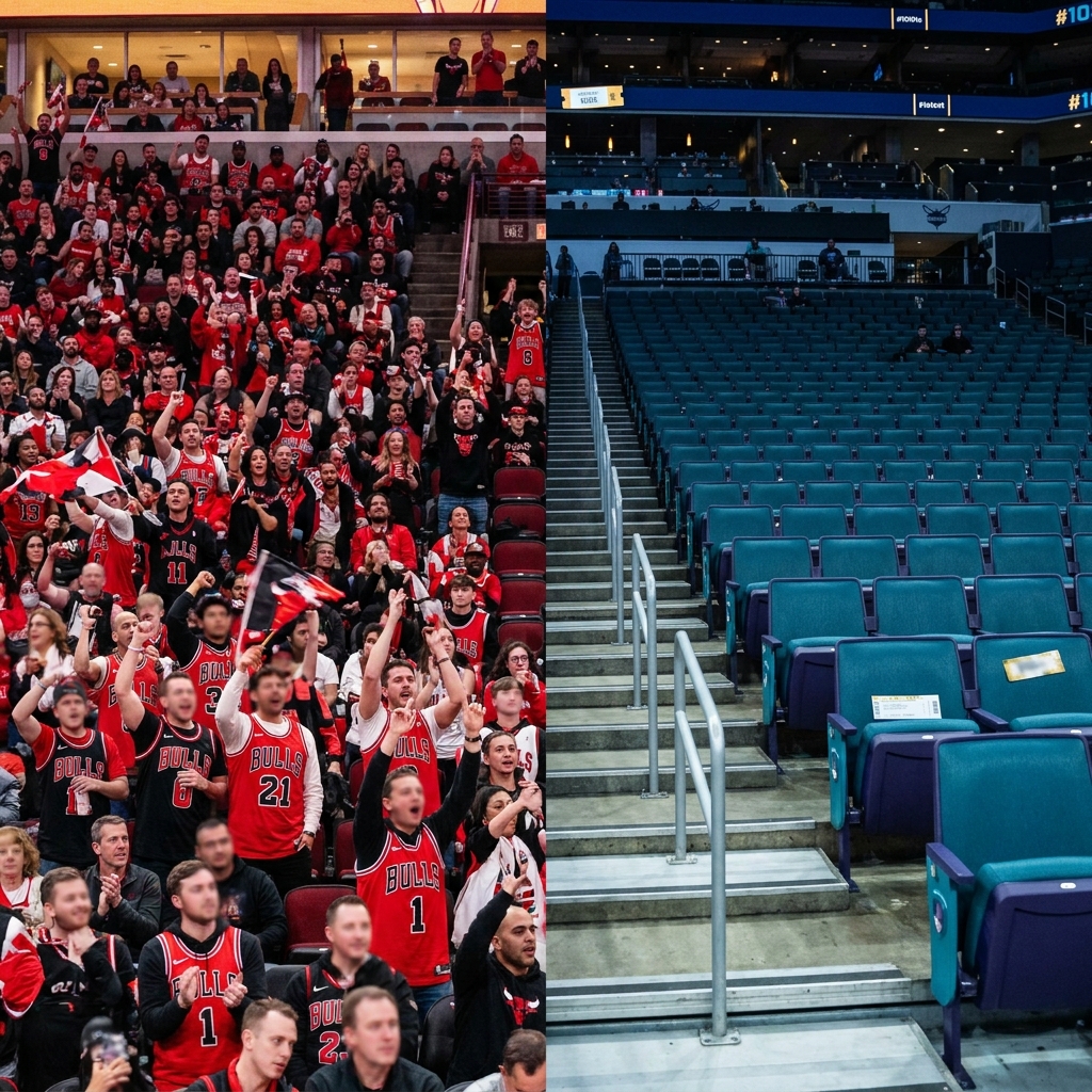 Full frame photo showing a packed Chicago Bulls arena opposite an empty Charlotte Hornets seating section highlighting attendance contrast bulls hornets prediction