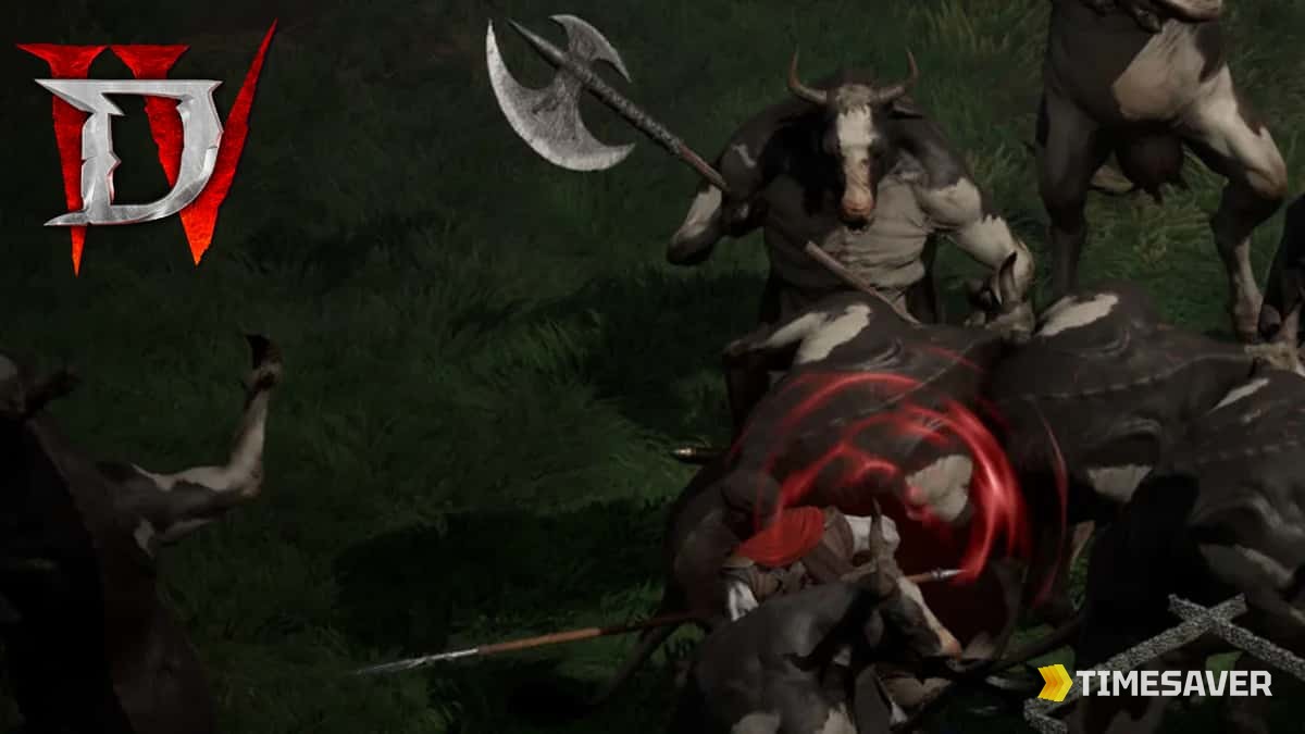 Diablo 4 Secret Cow Level boss fight — Tormented Bovines wielding halberds attacking the player