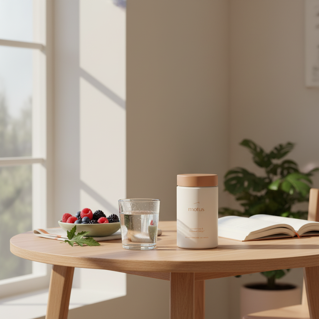 Tonum Motus supplement jar on a minimalist breakfast nook table beside a glass of water, open journal, berries and a milk thistle leaf, evoking a metabolism-focused morning routine