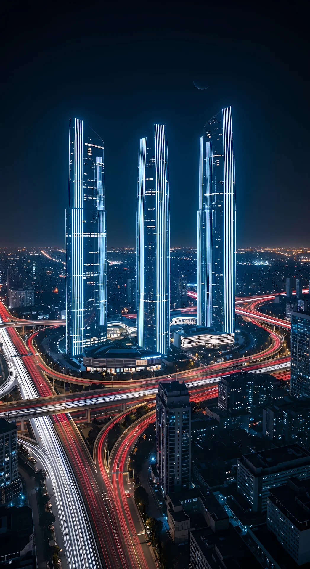 Neon Skyscrapers Above Night City Highway Light Trails - Free 4K mobile Wallpaper