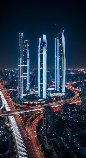 Neon Skyscrapers Above Night City Highway Light Trails - Free mobile Wallpaper