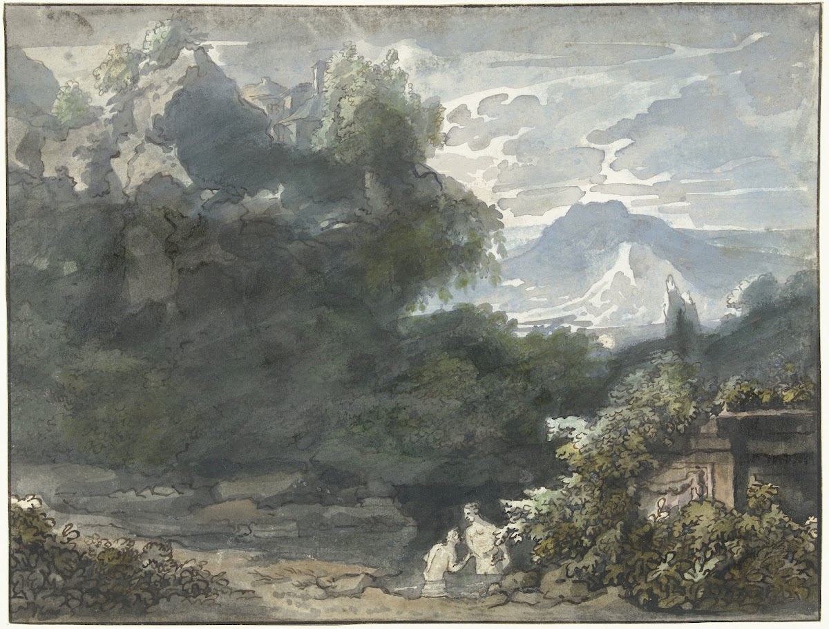 Baders bij antiek monument in bergachtig landschap c 1706   c 1759