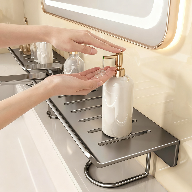 Wall shelf for sink, steel, no drilling