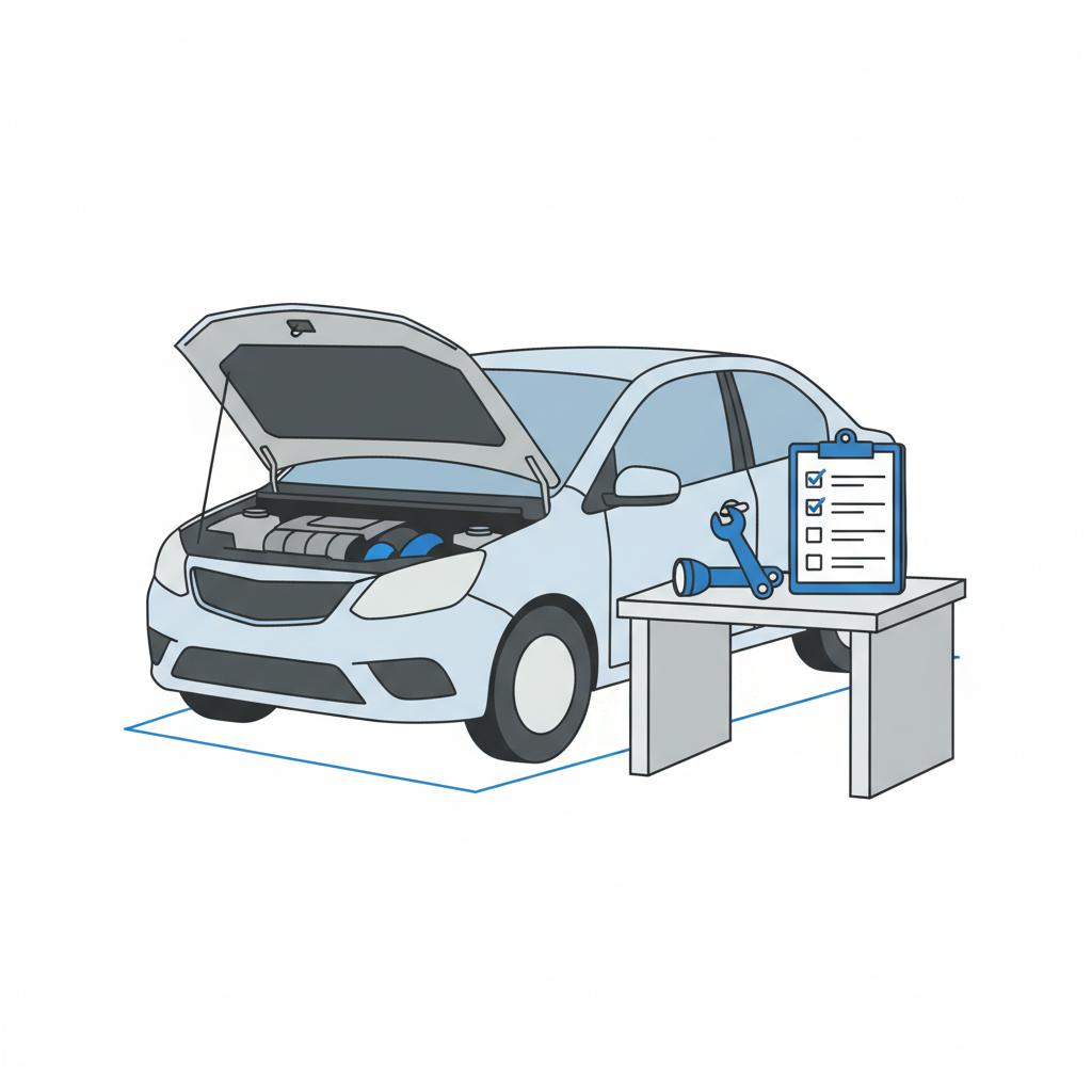Minimalist 2D vector of an open car hood with a blank checklist and tools on a workbench conveying a pre purchase inspection cars for sale under 10000